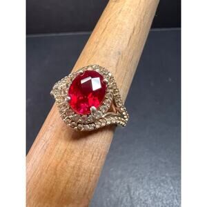Lab Ruby and topaz halo ring in gold over sterling silver size 7